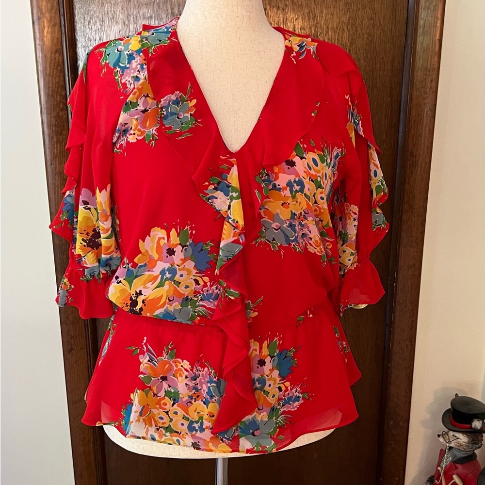Ralph Lauren Red Floral Lined Large Blouse